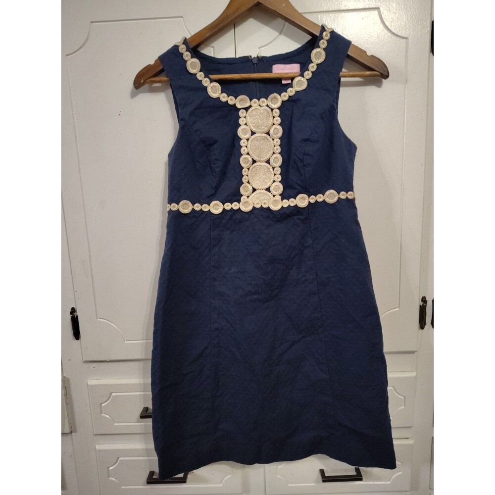 Lilly Pulitzer Dark Blue Gold Metallic Accents Sleeveless Sheath Dress Size 0